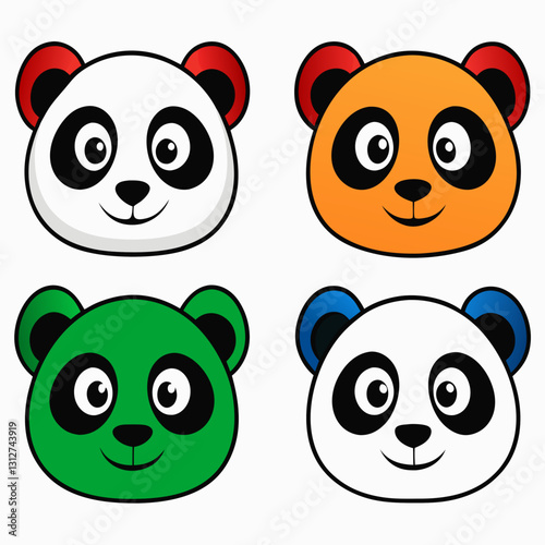 four cute and colorful panda bear mascot faces with expressive features smiling happily, vector illustration