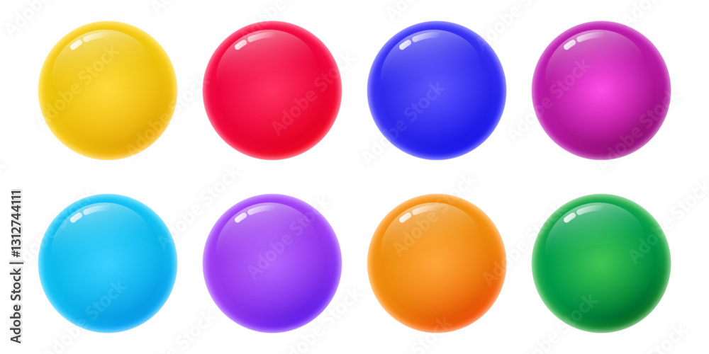 Circle colorful buttons set. 3d Glossy round icons. Magnet web button isolated on white background. Shiny blue, green, red purple yellow circles Circle colorful buttons set. 3d Glossy round icons. Magnet web button isolated on white background. Shiny blue, green, red purple yellow circles