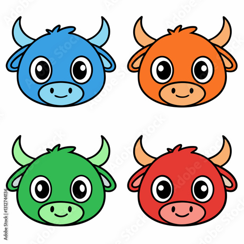 a collection of four colorful cartoon ox heads, each with a unique expression and vibrant hue vector illustration