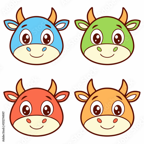 set of four adorable cartoon cow mascot faces with different colors: blue, green, red, and orange, vector illustration