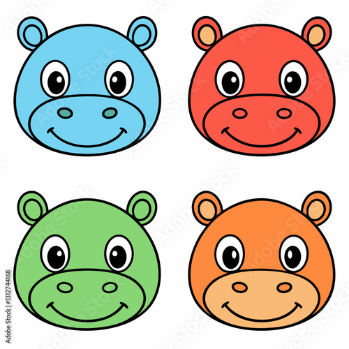 set of four cartoon hippos mascot heads with different colors smile at viewer vector illustration