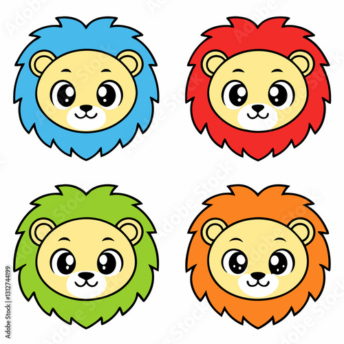 colorful lions with big eyes and a friendly appearance, are arranged in a grid of four, with a variety of vibrant manes, each exuding charm and playfulness vector illustration