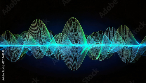 Vector sound wave lines dynamic in blue green color light flowing on black background for concept of music, sound, technology
