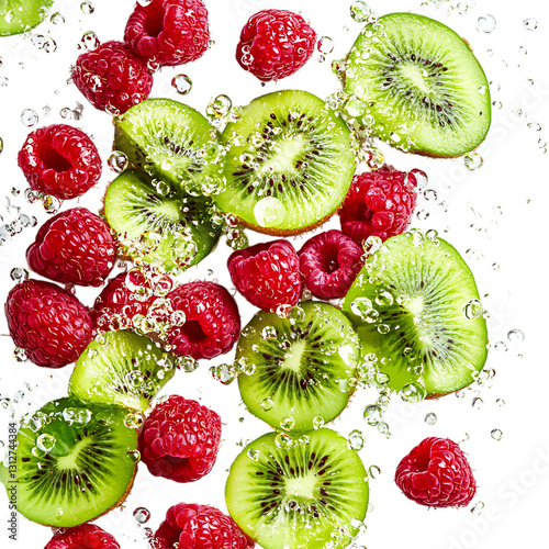 Kiwi and Raspberry Slices Scattering with Tangy Juice Isolated on Transparent Background