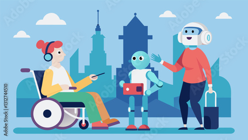 At a technology expo a care robot showcases its features by playing music for a wheelchairbound senior and offering a virtual reality tour of famous landmarks from their youth.. Vector illustration
