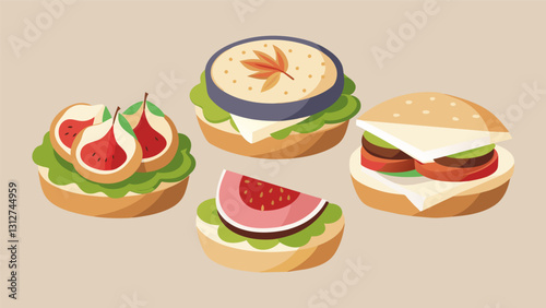 Sweet and savory tea sandwich trios with unique combinations such as fig and prosciutto and apple and brie.. Vector illustration