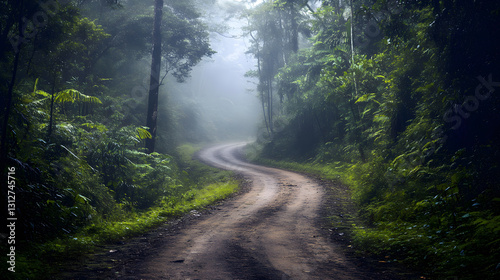 Misty Forest Road Winding Through Lush Greenery