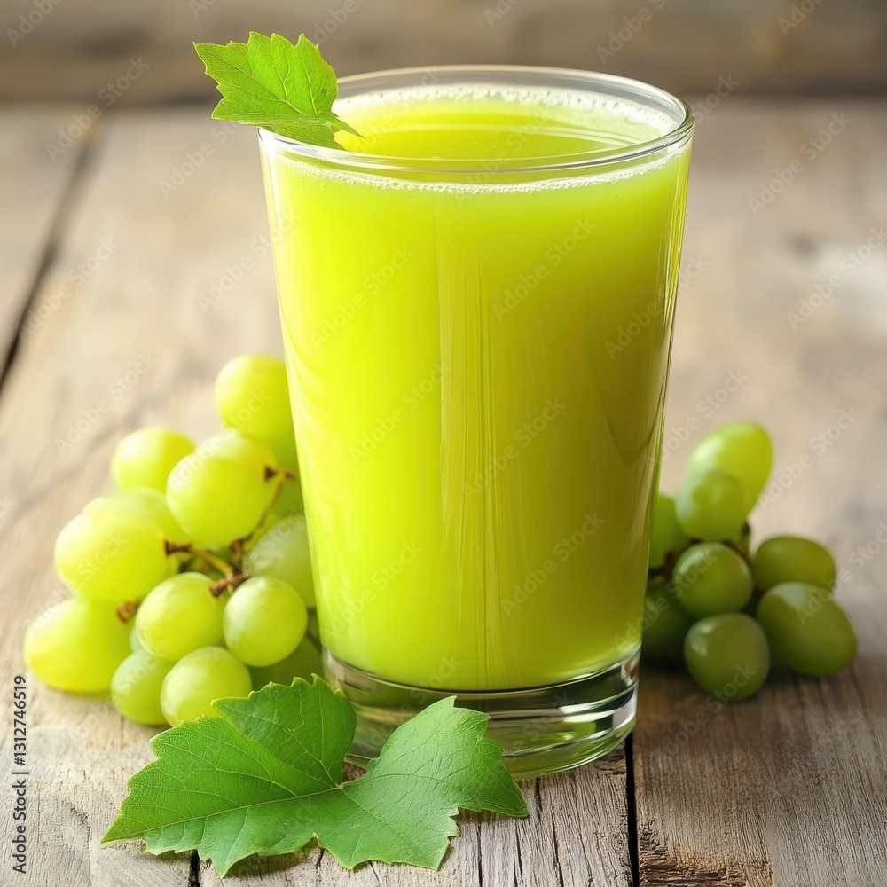 Refreshing green juice surrounded by fresh grapes and leaves on a rustic wooden table perfect for summer enjoyment. Generative AI Refreshing green juice surrounded by fresh grapes and leaves on a rustic wooden table perfect for summer enjoyment. Generative AI