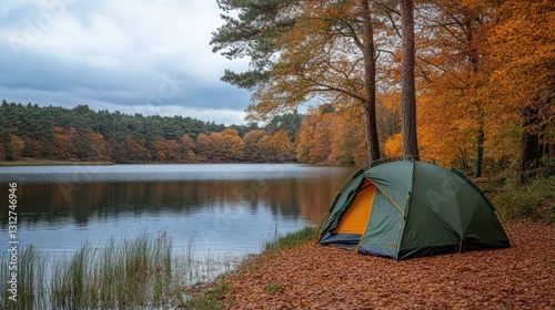 Autumn camping by a tranquil lake photo