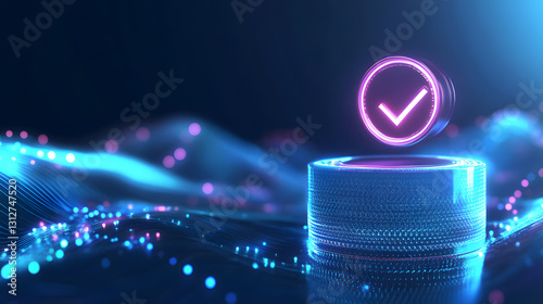 Futuristic Checkmark Symbol Hologram on Abstract Digital Data Background
