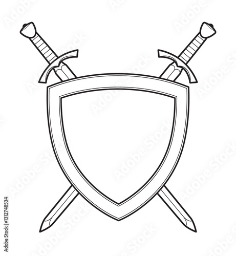 classic medieval european twin crossed realistic swords with shield armor heraldry line drawing symbol vector isolated on transparent background