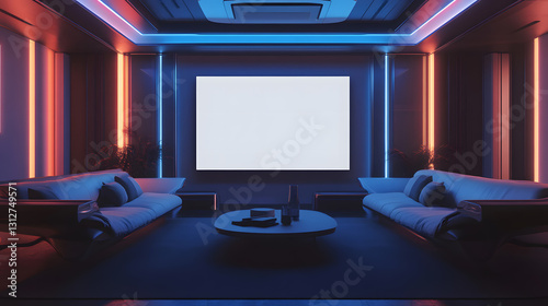 Modern Home Theater Room with Neon Lights and Blank Screen for Mockup
