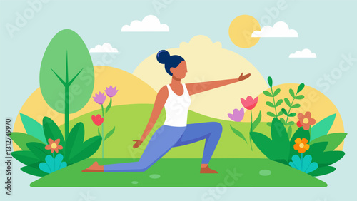 With the scent of fresh flowers in the air a person begins their morning yoga routine in a peaceful garden taking in the beauty and stillness of the world around them.. Vector illustration