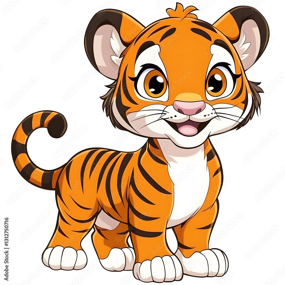 Cartoon tiger cub smiling happily in a playful stance Cartoon tiger cub smiling happily in a playful stance
