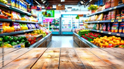 Empty wooden table in front of a blurred supermarket aisle filled with fresh fruits, vegetables, and various grocery products on shelves.