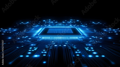 Glowing Blue Microchip on Circuit Board - Digital Technology Background