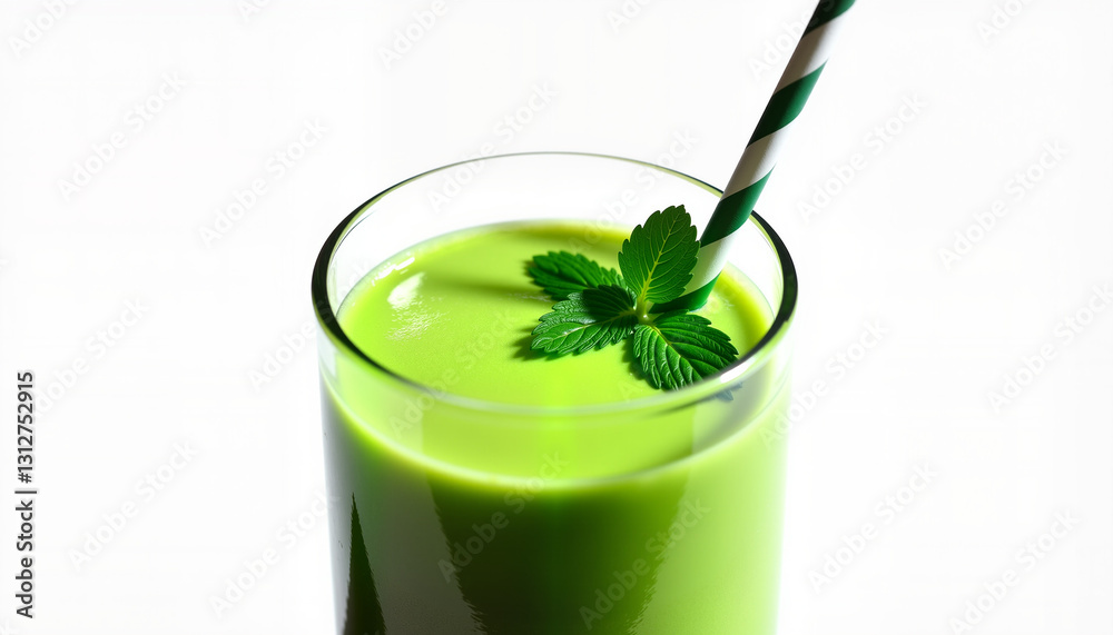 Green smoothie with mint leaves and striped straw Green smoothie with mint leaves and striped straw