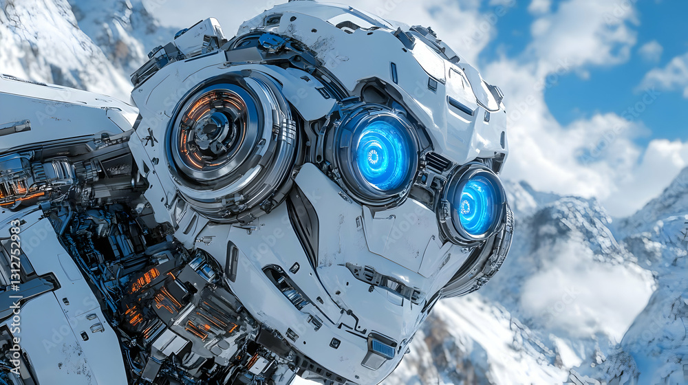 Fototapeta premium White Robot in Snowy Mountains