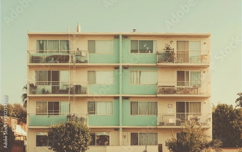 Pastel Apartment Building with Balconies Under a Clear Sky