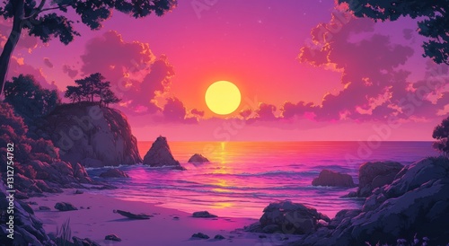 Coastal Sunset Scene Vivid Pink Hues