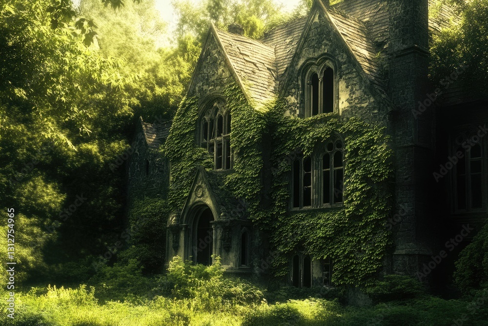 Obraz premium Overgrown stone mansion, reclaimed by nature, ivy-covered walls, broken windows, mysterious atmosphere.
