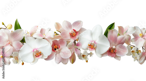 Delicate pink and white orchids forming a seamless border on transparent background