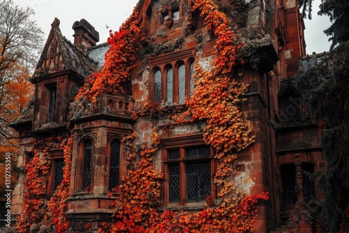 Autumn leaves vividly adorn a gothic mansion, creating a breathtakingly spooky scene. photo