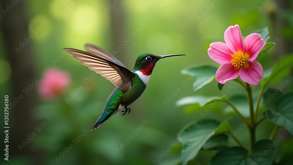 Naklejka premium vibrant hummingbird, emerald feathers, forest flower