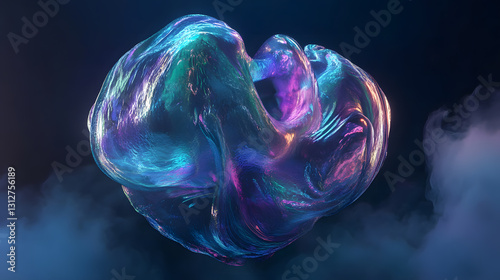 Abstract iridescent fluid sculpture in dark smoky atmosphere