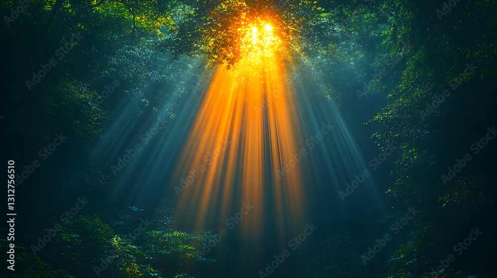 Sunlight beams through dense forest canopy Sunlight beams through dense forest canopy