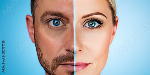 portrait of face divided in half. on the left is man on the right is woman - gender and sex concept