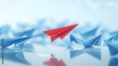 Stand Out From the Crowd A Red Paper Airplane Leading a Flock of Blue Ones