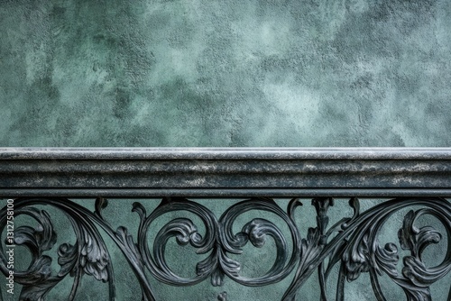 Ornate dark metal railing against a textured teal wall, showcasing intricate floral designs and a weathered appearance.