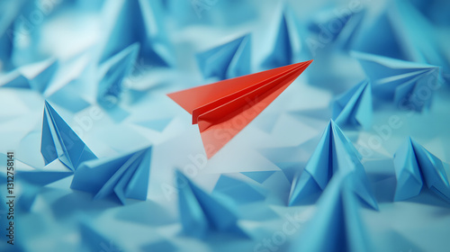Red Origami Airplane Leading a Flock of Blue Paper Airplanes