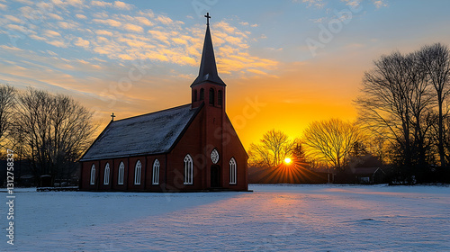 Sunrise over a snow-covered red church.