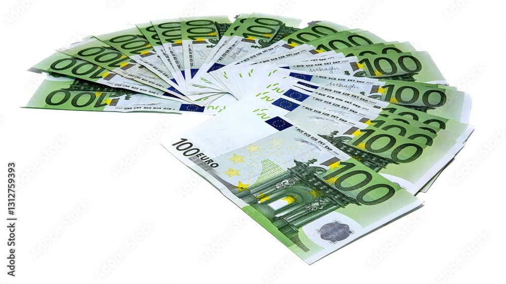 Close-up of 100 Euro Banknotes Isolated on White Background Close-up of 100 Euro Banknotes Isolated on White Background