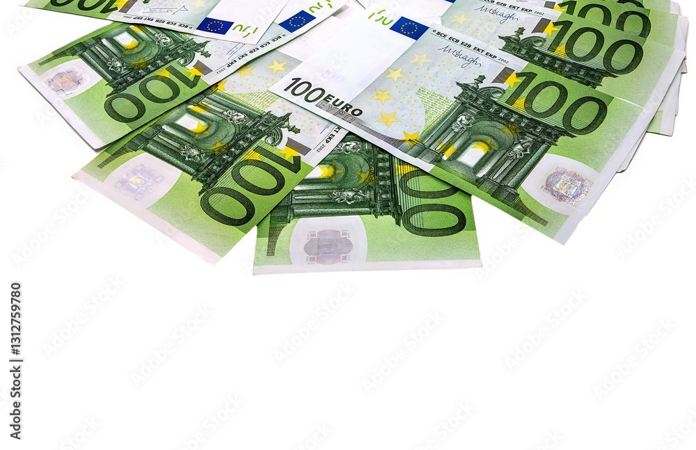Close-up of 100 Euro Banknotes Isolated on White Background Close-up of 100 Euro Banknotes Isolated on White Background