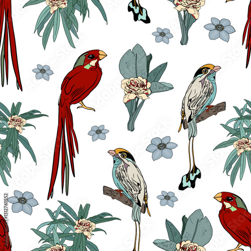 Seamless floral pattern with birds, flowers, and botanical elements. Vintage-style nature-inspired pattern with blooming branches and birds