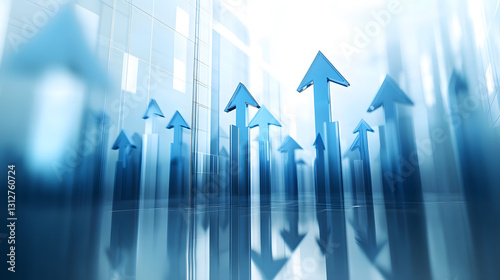 Blue Glass Arrows Pointing Upwards in Modern Cityscape, Symbolizing Growth and Success