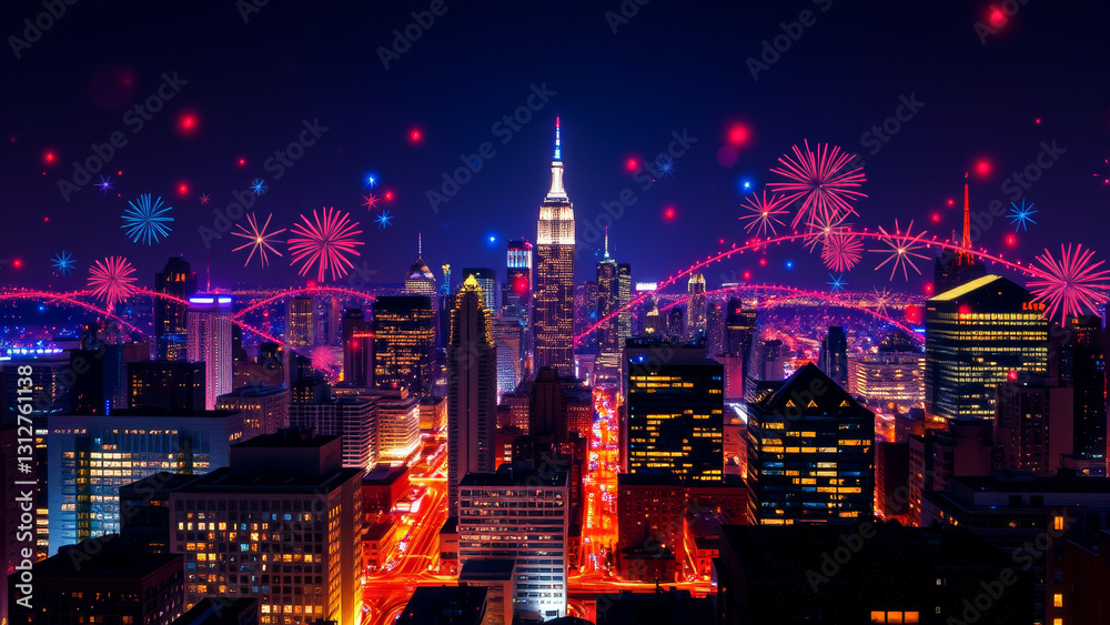 Obraz premium Night view of a city skyline with fireworks in the sky, featuring illuminated buildings in shades of red, yellow and blue.