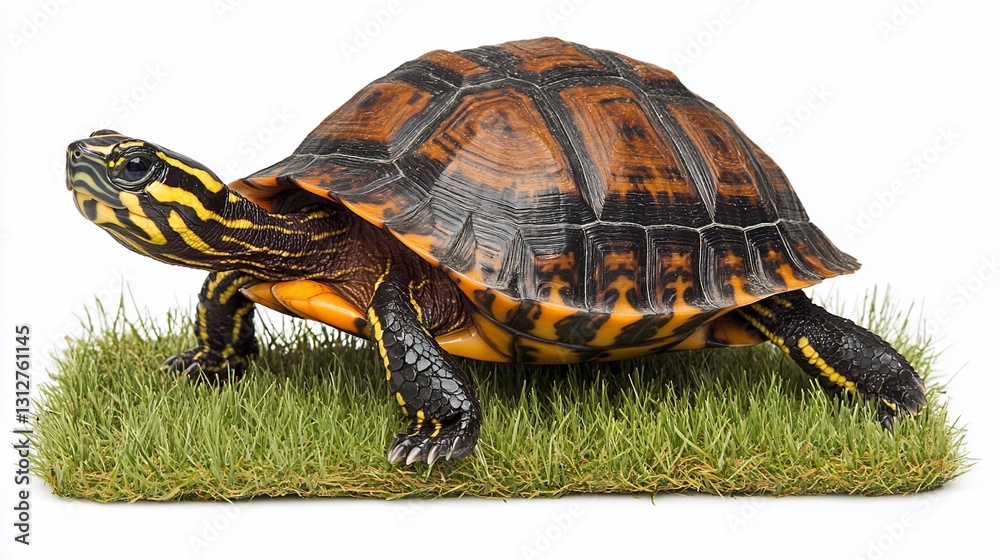 Fototapeta premium Yellow-spotted river turtle walking on grass, isolated