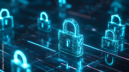 Futuristic Network Security Digital Padlocks on a Cyber Highway
