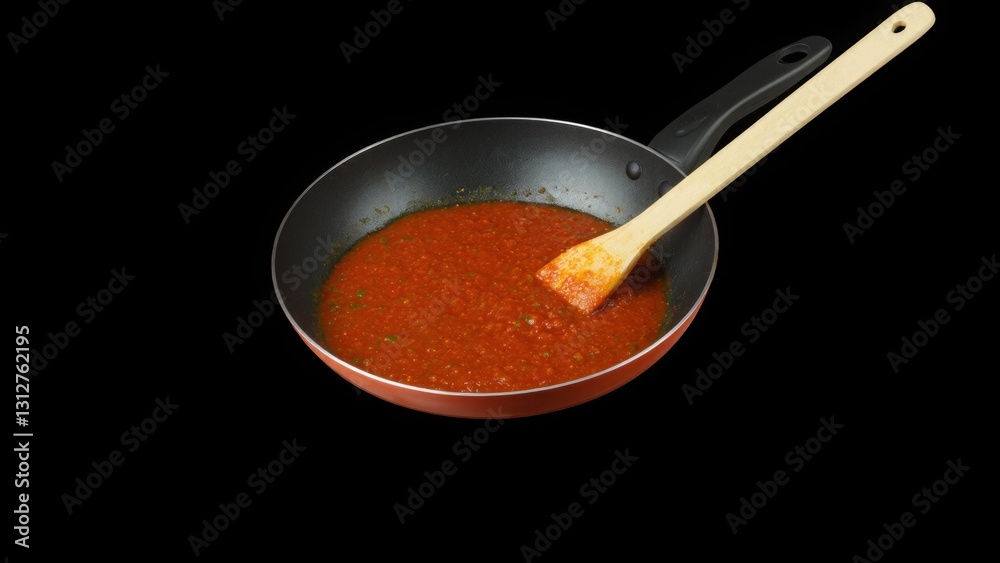 A frying pan with a black interior and red exterior contains a thick, red tomato sauce with visible green herbs. A wooden spatula is resting in the sauce, indicating it is being stirred or cooked A frying pan with a black interior and red exterior contains a thick, red tomato sauce with visible green herbs. A wooden spatula is resting in the sauce, indicating it is being stirred or cooked