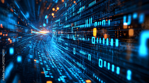 Digital Data Stream Futuristic Tunnel of Binary Code and Information Flow