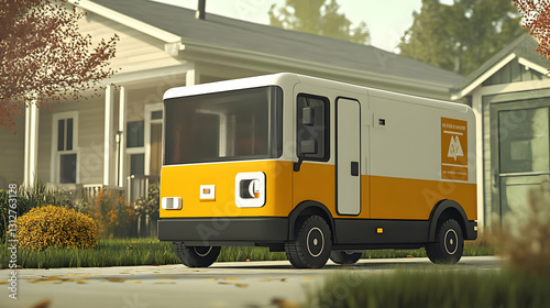 Yellow and White Delivery Van in Suburban Neighborhood