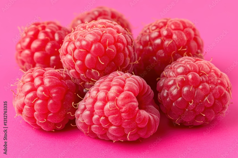 Several red raspberries arranged on a vibrant pink background Several red raspberries arranged on a vibrant pink background