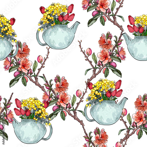 Seamless floral pattern with birds, flowers, and botanical elements. Vintage-style nature-inspired pattern with blooming branches and birds