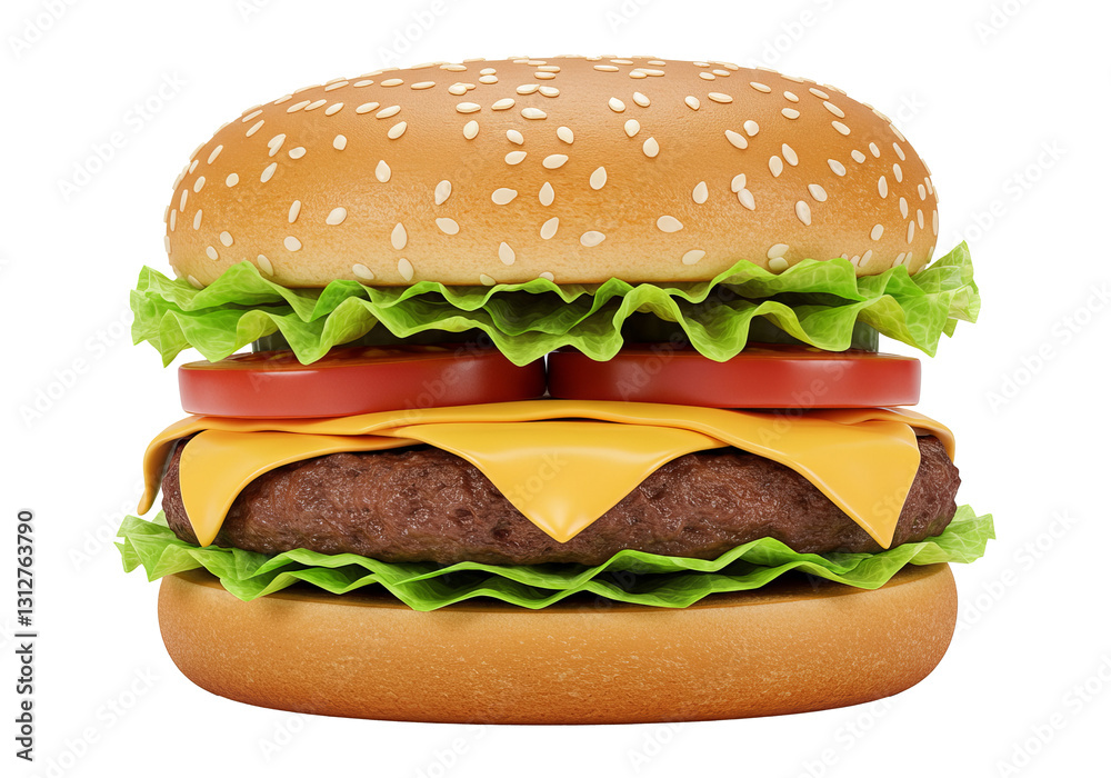 A classic hamburger featuring a beef patty, lettuce, tomato, and cheese, isolated on a clean white background A classic hamburger featuring a beef patty, lettuce, tomato, and cheese, isolated on a clean white background