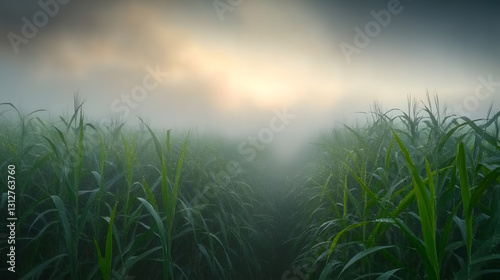 Serene Sunrise over a Misty Cornfield