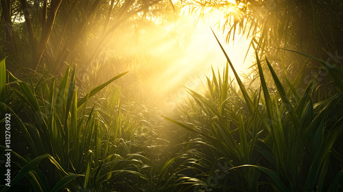 Sunbeams Illuminating Lush Tropical Jungle Path